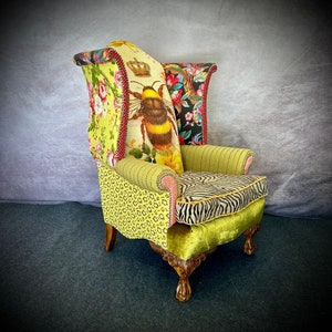 Queen Bee eclectic custom upholstered throne chair.