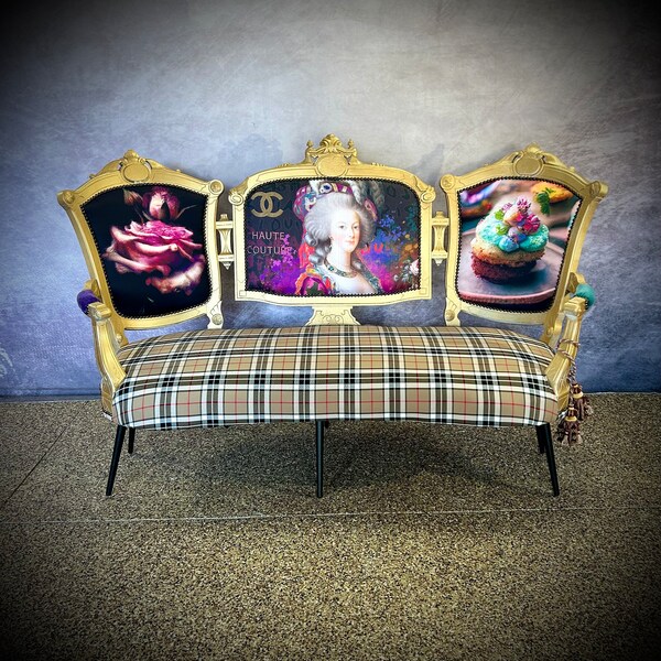 Eclectic, antique, reupholstered , Victorian Marie Antoinette inspired East Lake sofa settee.