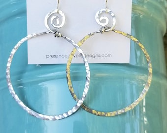 Swirl Hoop Earrings, Dangle Hoop Earrings, Hammered Earrings, Boho Earrings, Handcuffed Earrings, Hammered Aluminum Earrings, Hoop Earrings