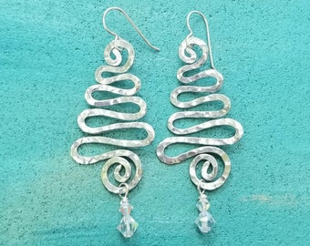 Boho Earrings, Hammered Aluminum Earrings, Christmas Tree Earrings, Swirly Christmas Tree Earrings,  Funky Christmas Jewelry