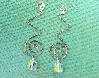 Swirl Zig Zag Earrings, Sterling Boho Earrings, Crystal Dangle Earrings