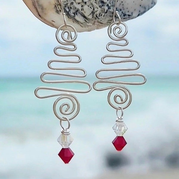 Silver Swirl Christmas Earrings, Swirl Christmas Earrings, Swirly Christmas Tree Earrings, Christmas Jewelry