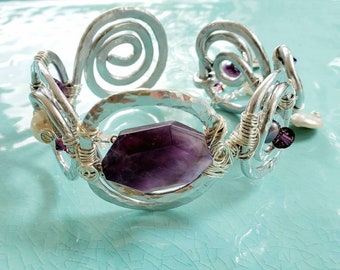 Amethyst Cuff Bracelet, Boho Style, Swirl Cuff,  Presence Jewelry, Handmade Bracelets, One Of A Kind Bracelets, One Of A Kind Jewelry