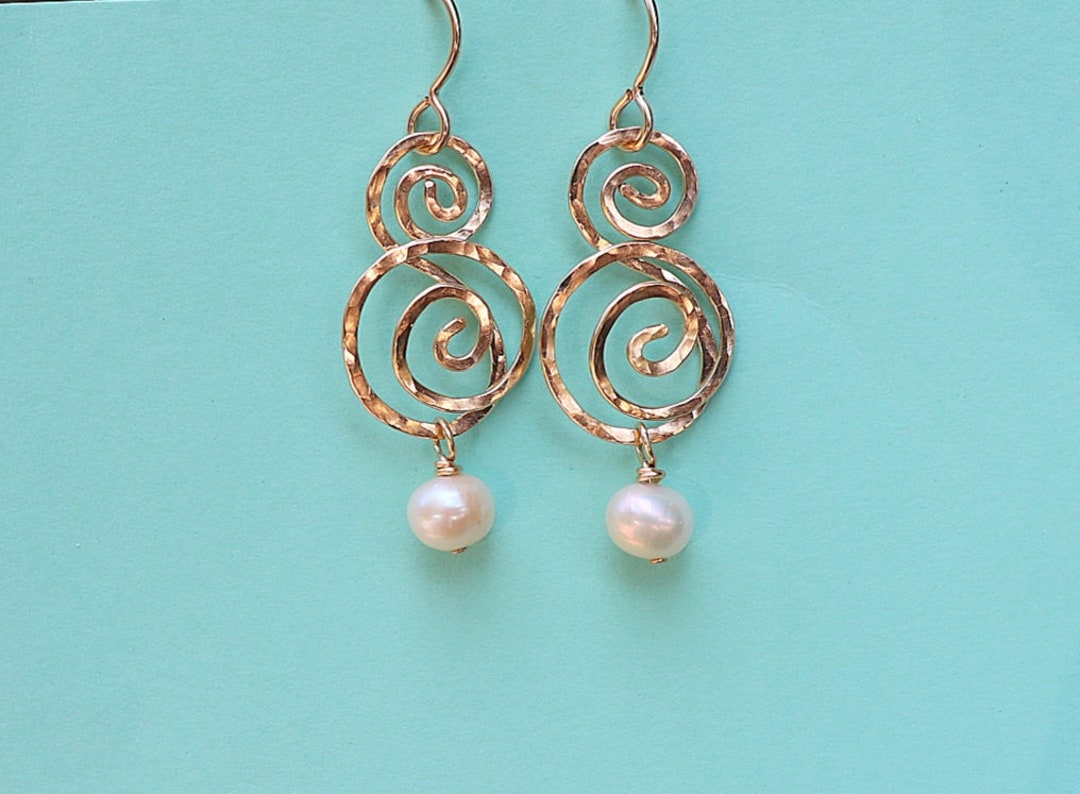 Gold Swirl Dangle Earrings, Double Swirl Earrings With Pearl Dangles