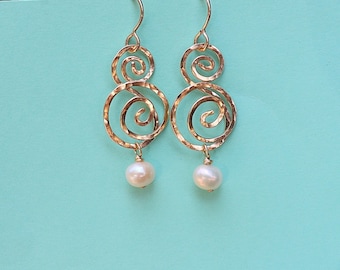 Gold Swirl Dangle Earrings, Double Swirl Earrings with Pearl Dangles, Presence Double Swirl Earrings