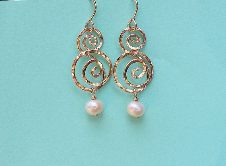 Gold Swirl Dangle Earrings Double Swirl Earrings with Pearl image 1