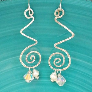 Boho Silver Dangle Earrings, Swirl Zig Zag Dangle Earrings, Presence Swirl Zig Zag Earrings with Pearl & Crystal Dangles