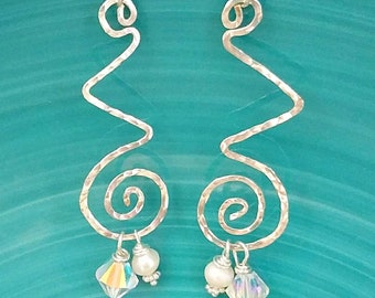 Boho Silver Dangle Earrings, Swirl Zig Zag Dangle Earrings, Presence Swirl Zig Zag Earrings with Pearl & Crystal Dangles