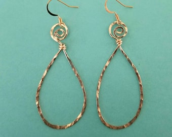 Gold Swirl Teardrop Earrings, Gold Dangle Teardrop Earrings, Hammered Gold Earrings, Boho Modern Earrings, Presence Jewelry