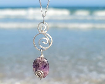 Amethyst Double Wave pendant necklace, Double Swirl Necklace, Hammered Jewelry, Boho Necklace, Artisan Jewelry for women