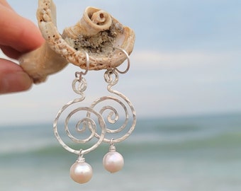 Silver Pearl Dangle Earrings, Artsy Earrings, Pearl Earrings, Drop Swirl Earrings with Pearl Dangle