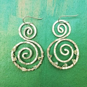 Boho Silver Wrapped Earrings, Boho Earrings, Double Swirl Earrings with Crystals,  Swirl Earrings, Wire Wrapped Jewelry