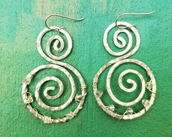 Boho Silver Wrapped Earrings, Boho Earrings, Double Swirl Earrings with Crystals,  Swirl Earrings, Wire Wrapped Jewelry