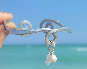 Hammered Bracelet with Dangles, Boho Bracelet, Pearl Cuff, Artisan Jewelry, Wire wrapped