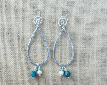 Mini Wave Teardrop Earrings with Apatite and Pearls, Dangly Earrings, Hammered Aluminum, Boho, Swirl Teardrop Earrings