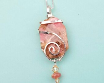 Boho Swirl Necklace, Surrounded Necklace with Rhodochrosite, Silver Swirl Necklace, Silver Wrapped Stone Necklace, Presence Jewelry