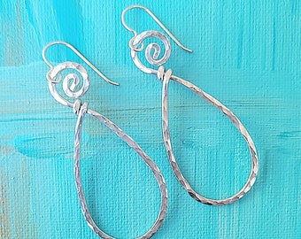 Boho Dangle Earrings, Hammered Aluminum Earrings, Swirl Teardrop Earrings