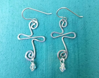 Sterling Cross Earrings, Swirl Presence Cross Earrings, Cross Dangle  Earrings