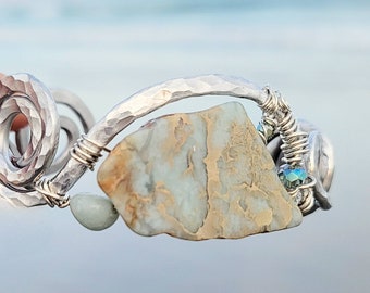 Ocean Jasper Cuff Bracelet, Boho Bracelet, Gemstone Bracelet, Swirl Cuff Bracelet, Hammered Jewelry, Spiral Jewelry, one-of-a-kind cuff