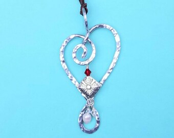 Boho Heart Pendant, Swirl Necklace, Hammered Aluminum, Boho Modern Necklace, Presence Jewelry, Heart Necklace, Funky Necklace