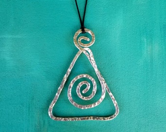Swirl Triangle Pendant Necklace, Boho Pendant Necklace, Hammered Aluminum Pendant Necklace