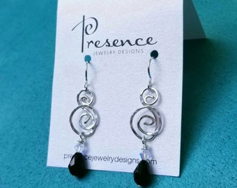 Silver Double Swirl Earrings, Silver Dangle Earrings, Double Swirl Earrings with black crystal dangles