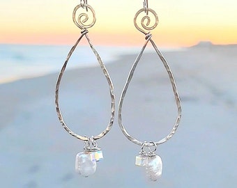 Mini Wave Teardrop Earrings with Pearls, Dangly Earrings, hammered jewelry, Boho, Swirl Teardrop Earrings