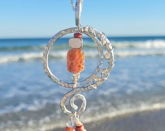 Sun Moon Necklace with Fire Agate, Boho Pendant Necklace, Hammered Jewelry, Unique, Gemstone Jewelry, Handmade Jewelry, Artisan necklace