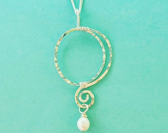 Silver Sun and Moon Necklace, Artsy Necklace, Pearl Necklace, Boho Luxe Pendant Necklace, Sun Moon Pearl Necklace, Silver Boho Necklace