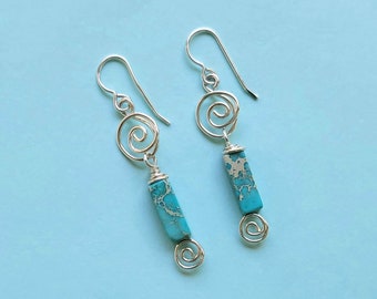 Turquoise Jasper Earrings, Boho Earrings, Silver Swirl Earrings, Handcrafted Earrings, Handmade Earrings, Silver Spiral Earrings