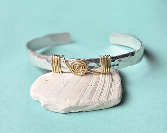 Hammered Aluminum Bracelet with Gold, swirl design, Stacking Bracelet, Handcrated Bracelet, Made to Order, adjustable cuff