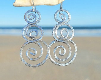 Triple Wave Earrings, Aluminum Earrings, Boho Earrings, Spiral Earrings, Hammered Jewelry, Handmade, Artisan jewelry