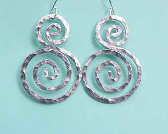 Double Swirl Earrings, Boho Earrings, Hammered Aluminum Earrings