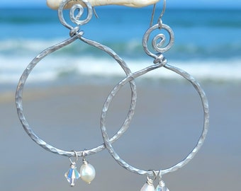 Swirl Hoop Earrings with Pearls, Hammered Earrings, Boho Earrings, Handcrafted Earrings, Hammered Jewelry