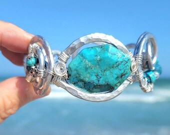 Turquoise Cuff Bracelet,  Gemstone Bracelets, Hammered Jewelry, Boho Swirl Bracelet, Handmade Bracelets, Presence Jewelry, Artisan Jewelry
