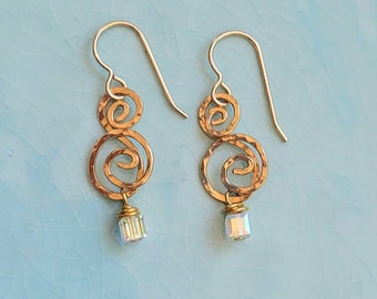 Gold Double Swirl Earrings,  Swarovski Crystal Dangle Earrings, Hammered Earrings, Hammered Jewelry, Presence Jewelry, Unique Earrings