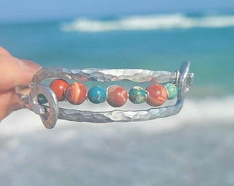 Jeweled Waves Bracelet with Jasper, Hammered Jewelry, Wire Wrapped, Boho Bracelet, Handcrafted Jewelry, Artisan, Presence Jewelry