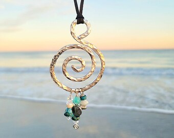 Joy Wave Pendant Necklace, Hammered  Aluminum Jewelry, Swirl Necklace, Spiral Jewelry, Made to Order, Boho Turquoise Necklace, Handcrafted