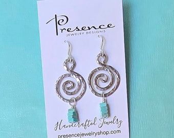 Mini Wave Earrings with Turquoise, Swirl Dangle Earrings, Hammered Aluminum, Handcrafted earrings, Artisan jewelry, Made to Order