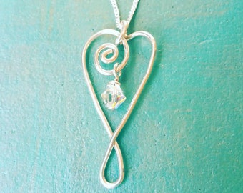 Sterling Swirl Heart Pendant Necklace, Swirl Heart Necklace with Crystal Dangle, Presence Swirl Heart Necklace