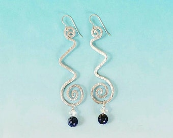 Swirl Zig Zag Earrings, Silver Lapis Earrings, Lapis Lazuli Earrings, Boho Earrings, Hammered Earrings, Lapis Lazuli Earrings, Swirl Earring