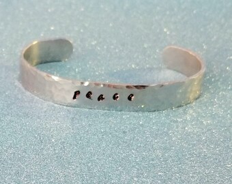 Inspire Cuff Bracelet, Stamped Word Bracelet, Aluminum Cuff Bracelet, Inspirational Cuff Bracelet, Peace cuff bracelet