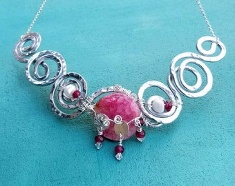 Multi Swirl Necklace with Pink Jasper, Swirl Gemstone Necklace, Pink Jasper and Ruby Jade Swirl Necklace,  Boho Modern Necklace