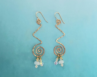 Gold Swirl Zig Zag Earrings, Boho Earrings, Hammered Gold Earrings, Jade Earrings, Swirl Earrings, Spiral Earrings, Hammered Jewelry