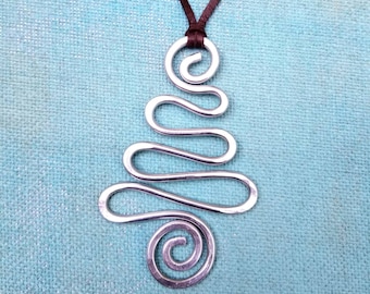 Swirl Artsy Necklace, Christmas Tree  Necklace, Holiday Pendant Necklace, Aluminum Christmas Pendant Necklace, Funky Aluminum Jewelry