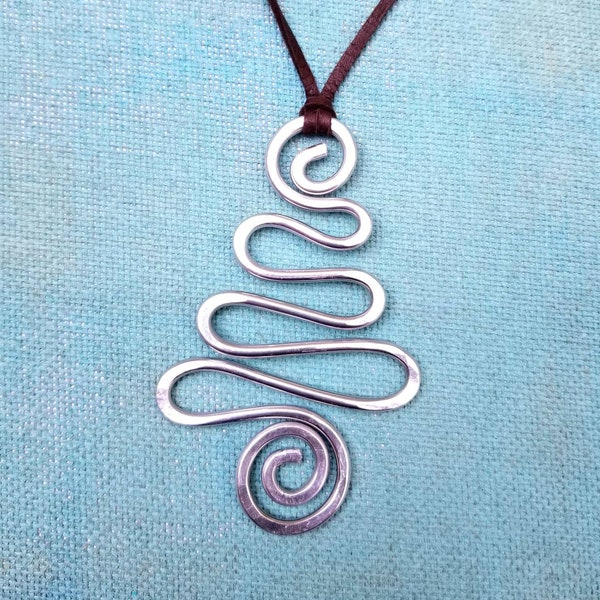 Swirl Artsy Necklace, Christmas Tree  Necklace, Holiday Pendant Necklace, Aluminum Christmas Pendant Necklace, Funky Aluminum Jewelry