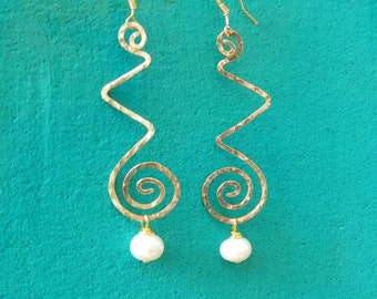 Gold Swirl Zig Zag Earrings, Boho Dangle Earrings, Artsy Pearl Earrings, Swirl Zig Zag Earrings With Pearls, Presence Jewelry
