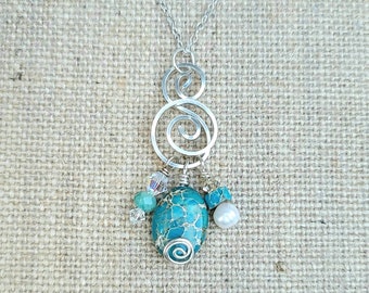 Double Swirl Silver Necklace, Turquoise Jasper Necklace, Multi Look Necklace, Gemstone Necklace, Unique Jewelry, Handcrafted Necklaces