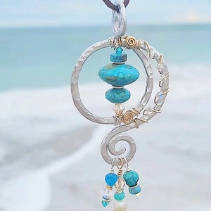 Turquoise Sun Moon Necklace, Boho Necklace, Hammered Jewelry, Turquoise Jewelry,  Unique, Gemstone Jewelry, Handmade Jewelry, Artisan
