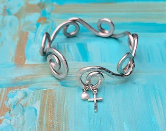 Rolling Waves Bracelet with Cross, Christian jewelry, Hammered Aluminum, cuff bracelet, Made to Order, Presence Jewelry